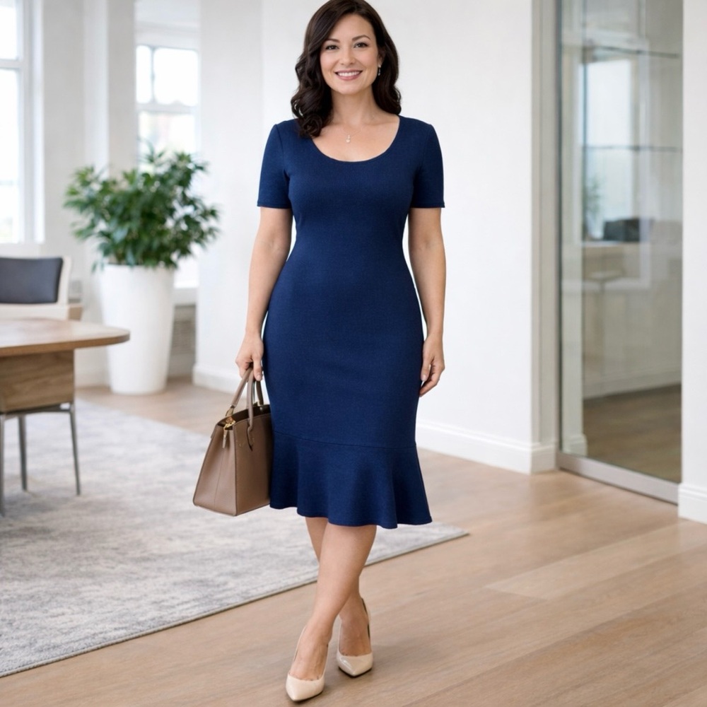 St. John Dress Wool Flutter Flounce Hem Silk Trim Academia Professional Office